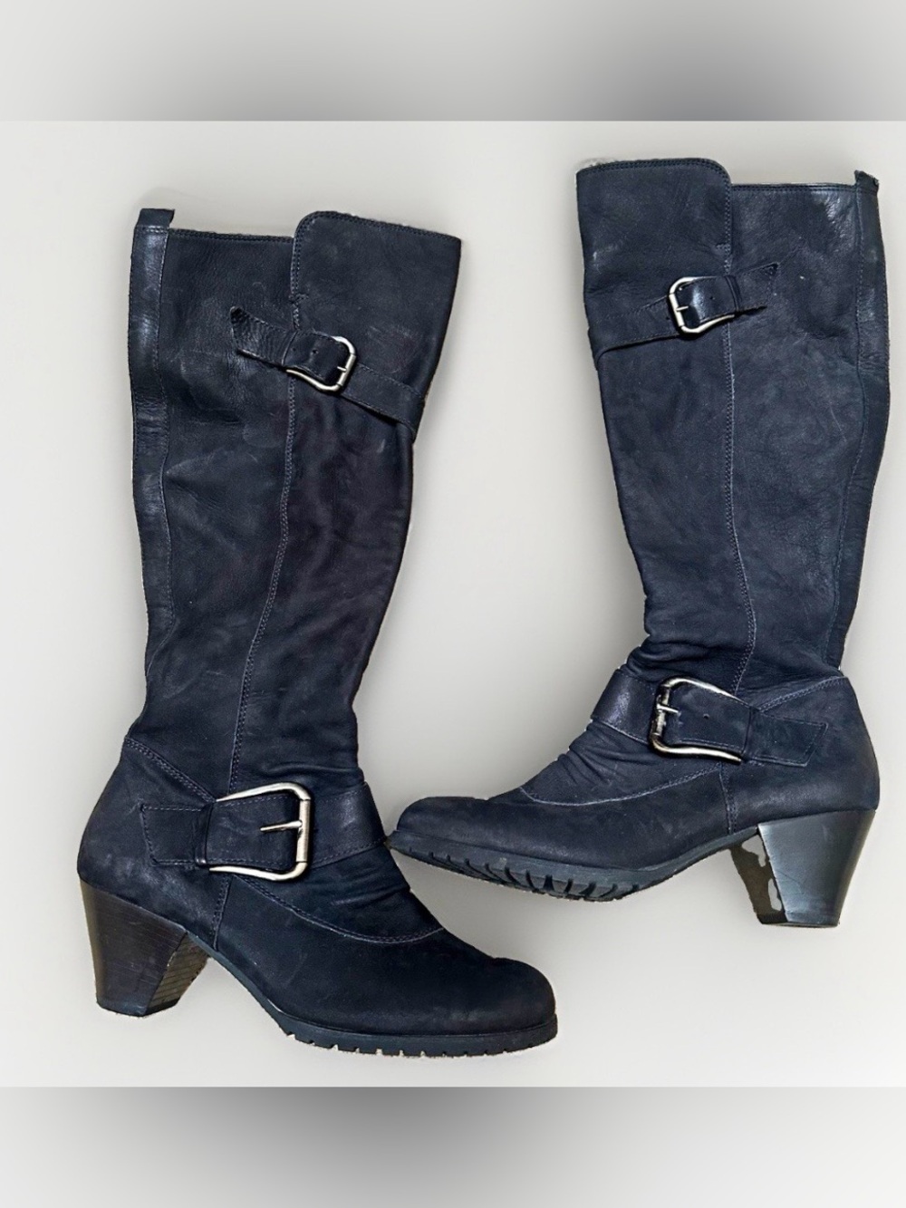Paul Green München Women 7 Riding Leather Suede Buckle Boots Tall Knee High Heel